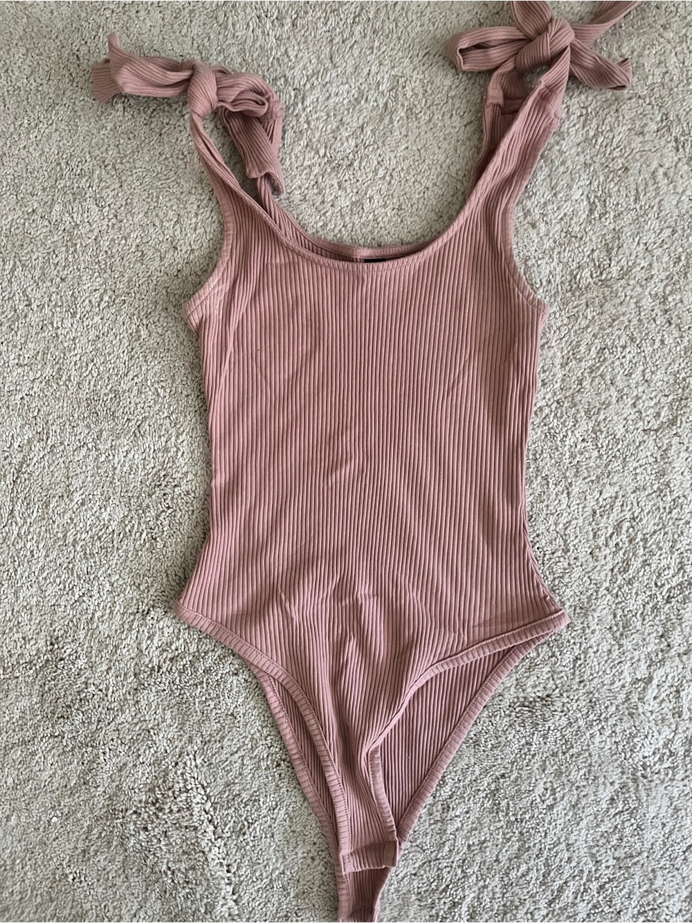 SHEIN Ribbed Tie-Shoulder One-Piece Bodysuit - Dusty Pink